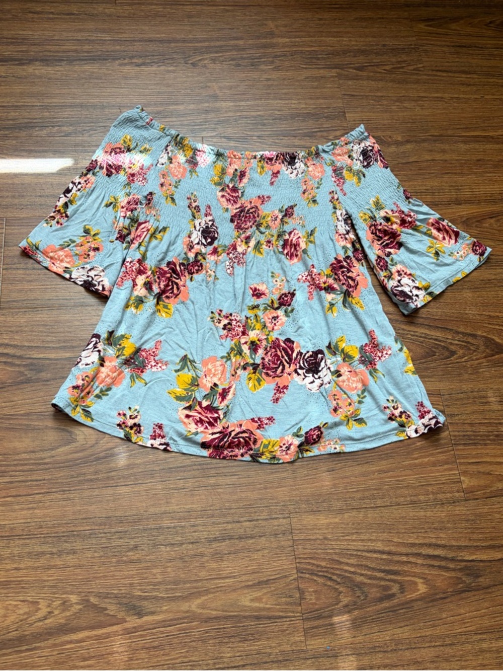 Rewind Pale Blue Floral Off-Shoulder Tunic
